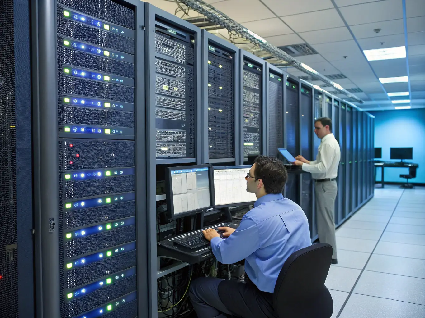 An image showing a technician monitoring network servers and infrastructure, ensuring optimal performance and security.