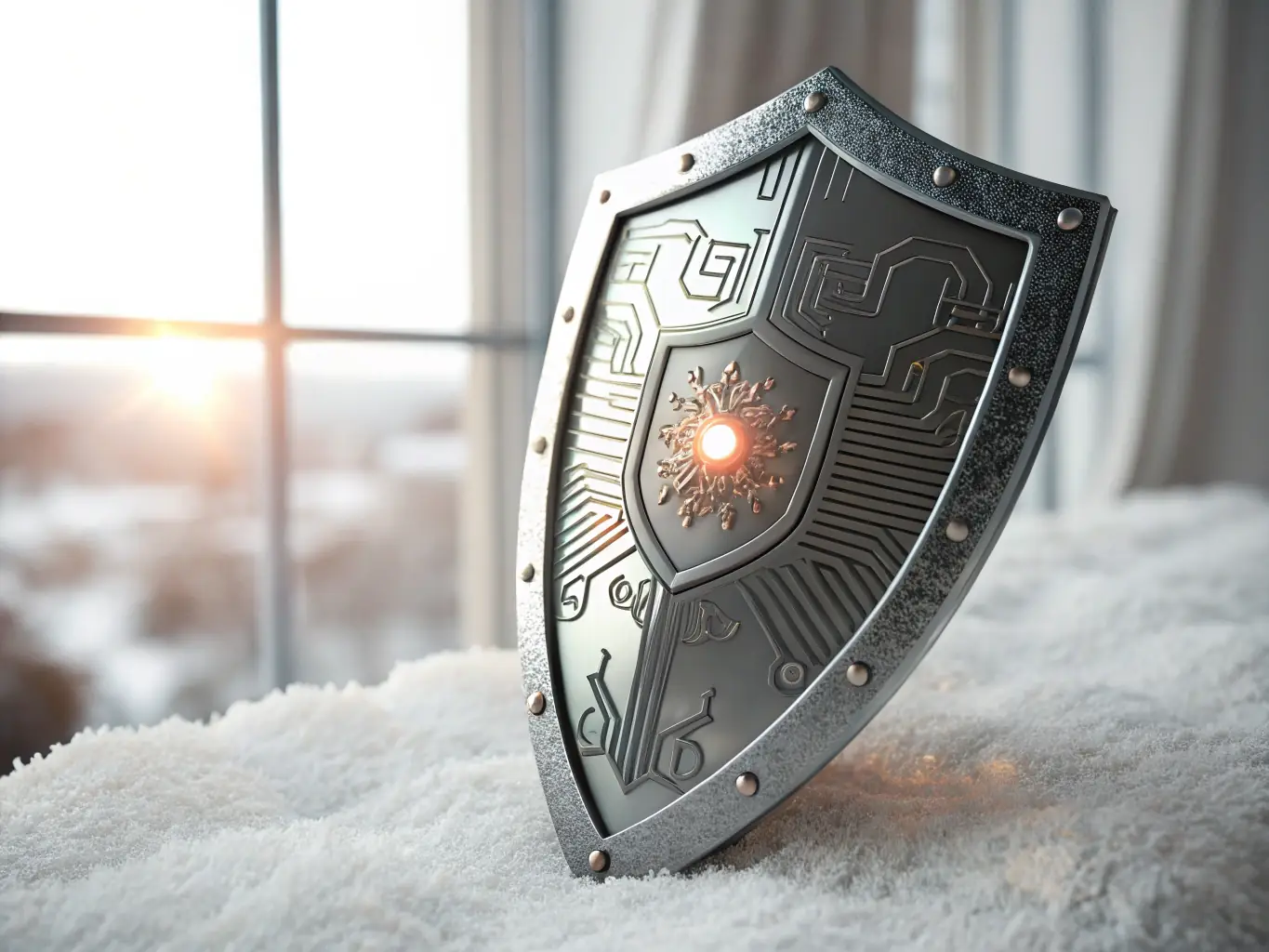 An image of a shield icon overlaying digital data streams representing cybersecurity, protecting data and systems from cyber threats.