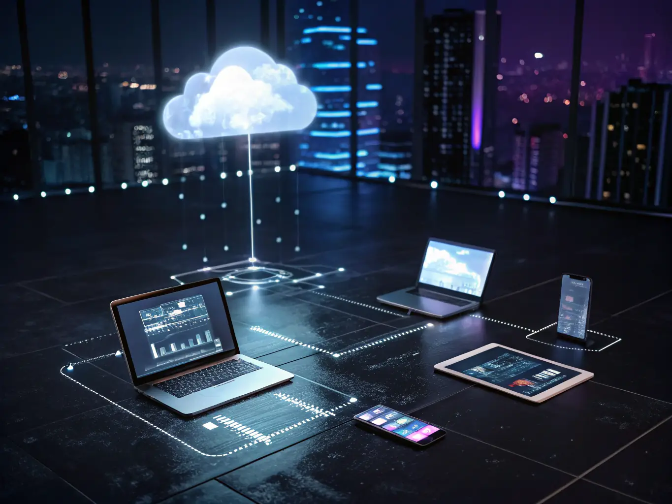 An image of cloud icons connected to various devices symbolizing cloud connectivity, representing the flexibility and scalability of cloud services.