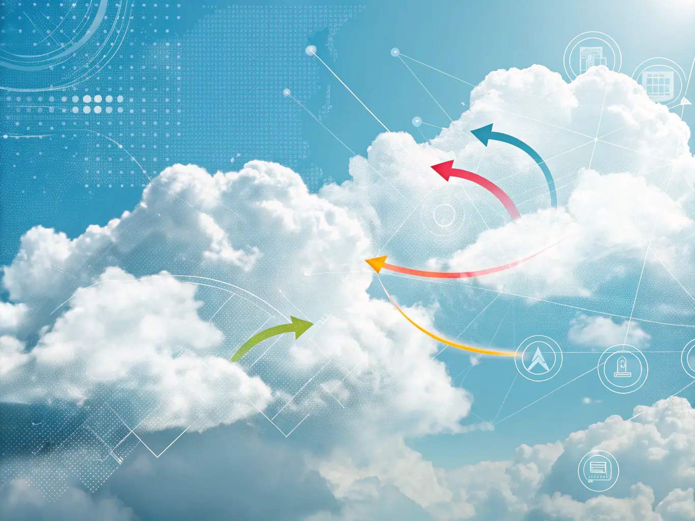 A visual representation of data flowing into and out of a cloud, with icons representing various cloud services and applications.