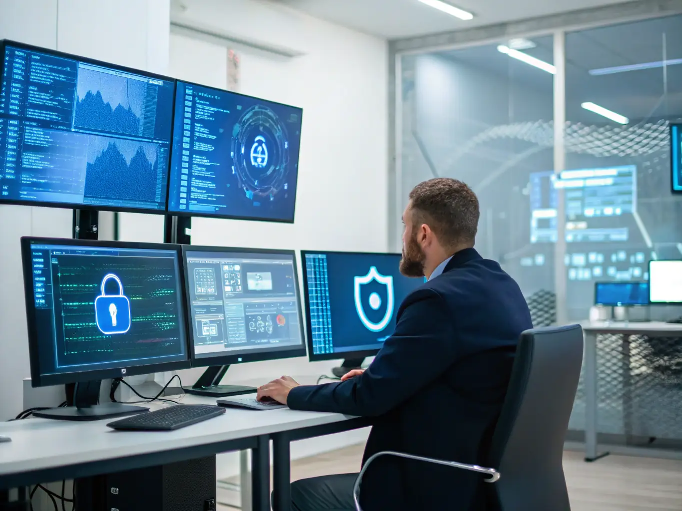 A security analyst working at a computer, with multiple screens displaying threat detection and security analysis tools, illustrating cybersecurity solutions.