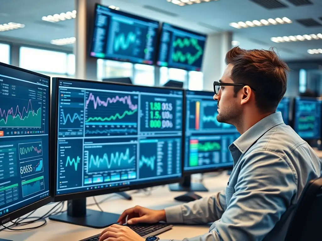 A network administrator monitoring network traffic on a computer screen, with various network devices visible in the background, symbolizing network management.