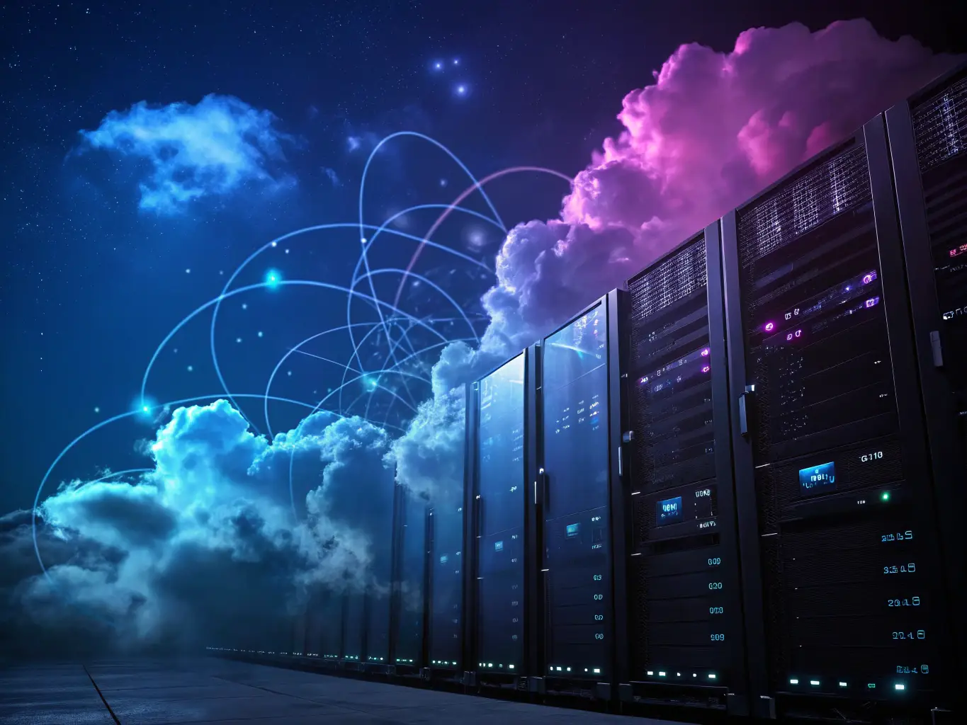 A visual representation of data flowing into and out of a cloud server, with icons representing various cloud services and applications, symbolizing cloud services.