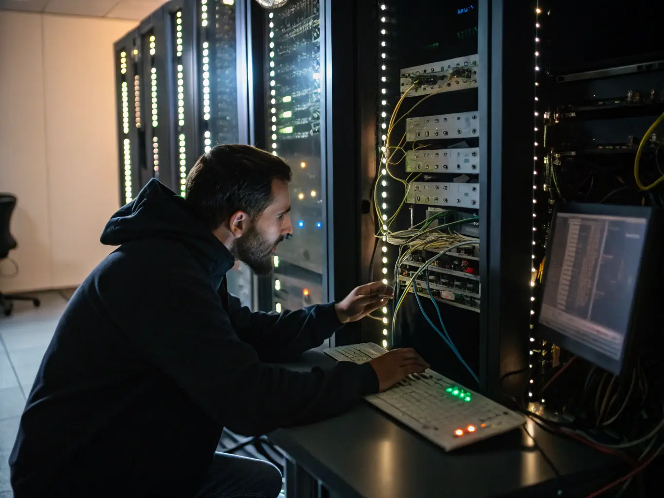 A network administrator monitoring network traffic on a computer screen, with various network devices visible in the background, symbolizing network management services.
